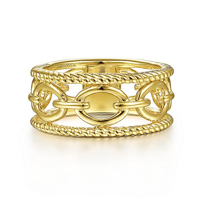 Gabriel & Co Yellow Gold Chain Link Ring with Twisted Rope Frame - Gold Fashion Rings - Women's