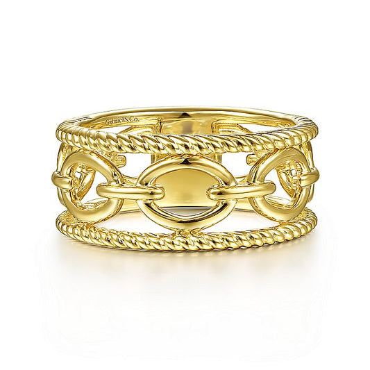 Gabriel & Co Yellow Gold Chain Link Ring with Twisted Rope Frame - Gold Fashion Rings - Women's