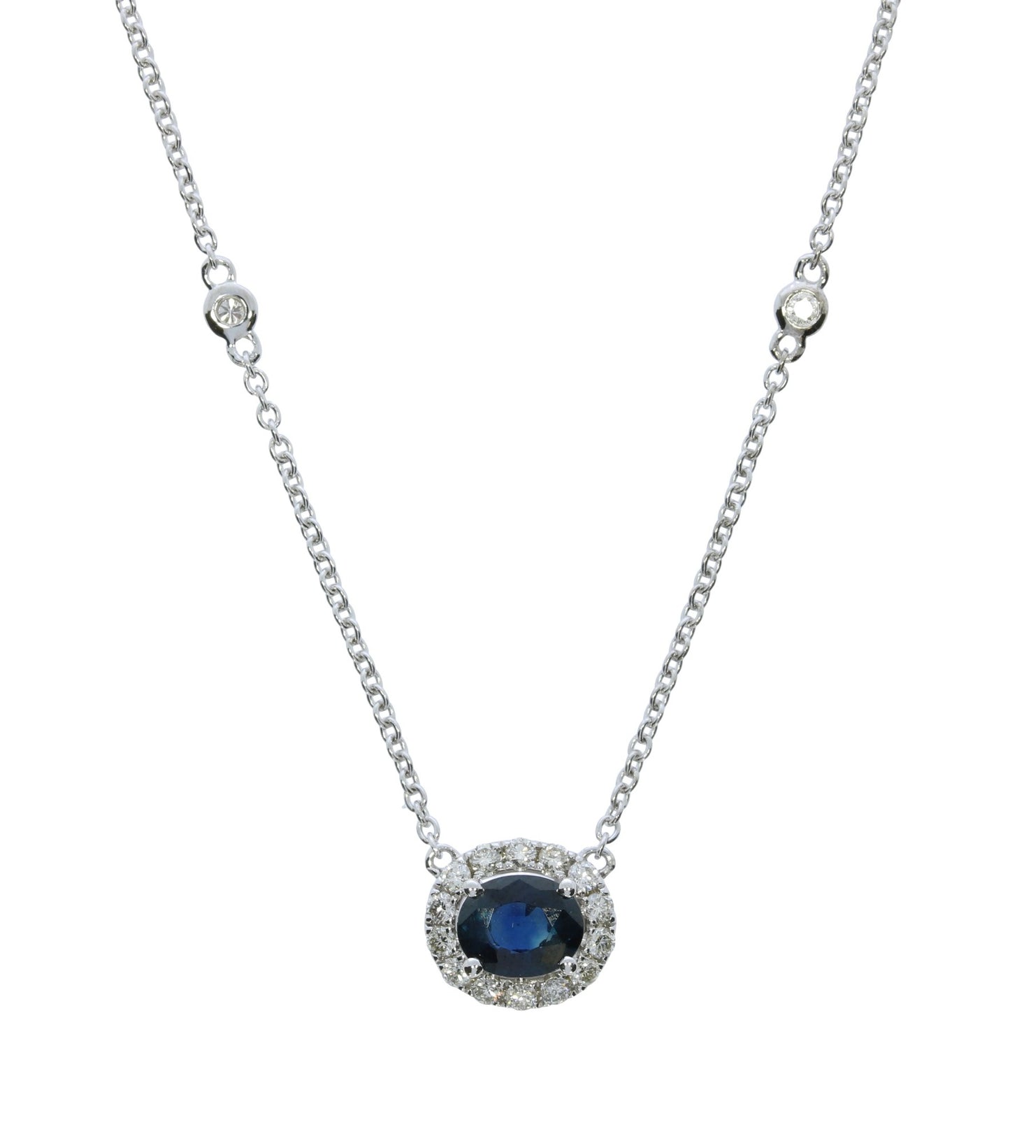 White Gold Sapphire and Diamond Halo Pendant - Colored Stone Pendants