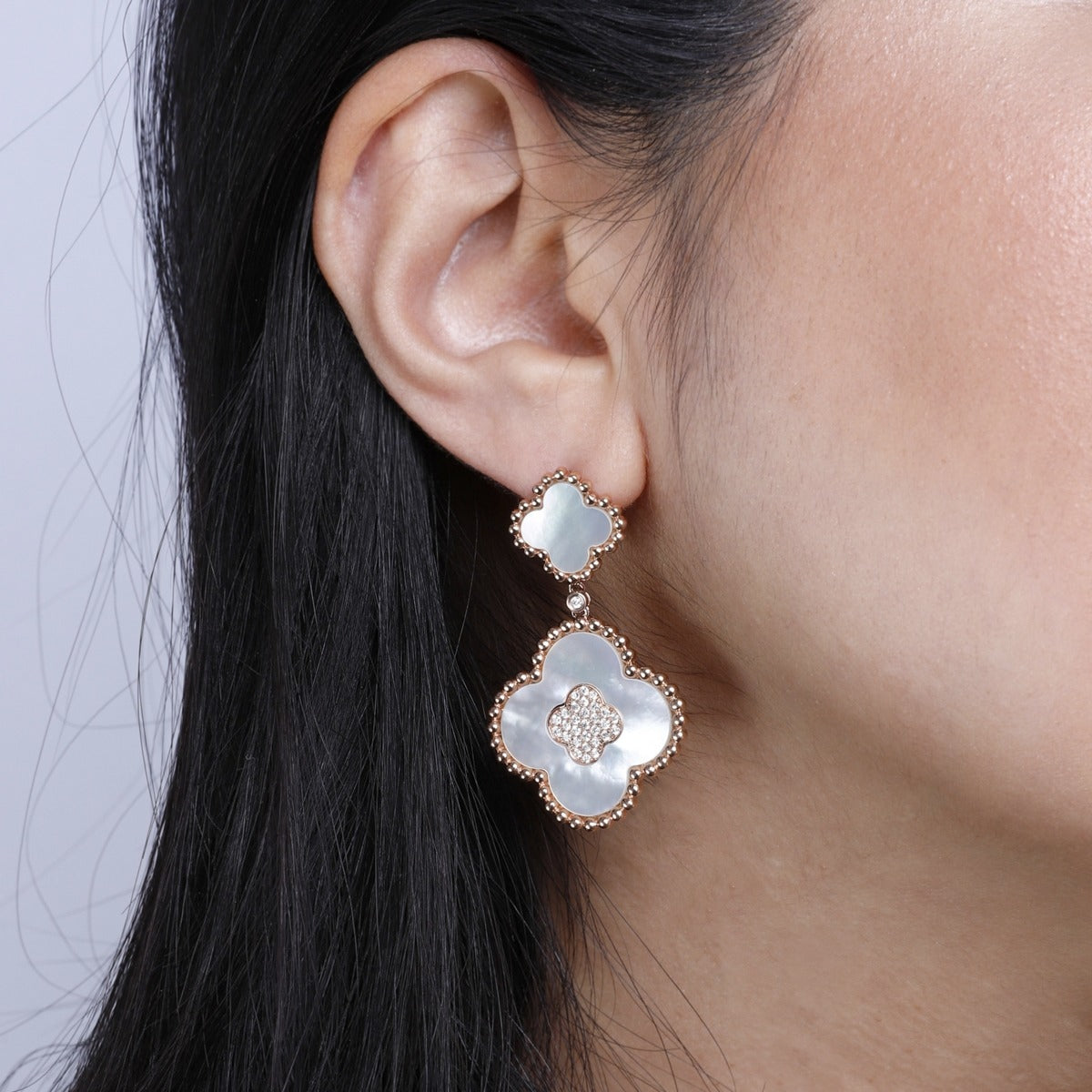 Luvente 14 Karat Rose Gold Diamond and White Mother of Pearl Double Clover Drop Earrings - Colored Stone Earrings
