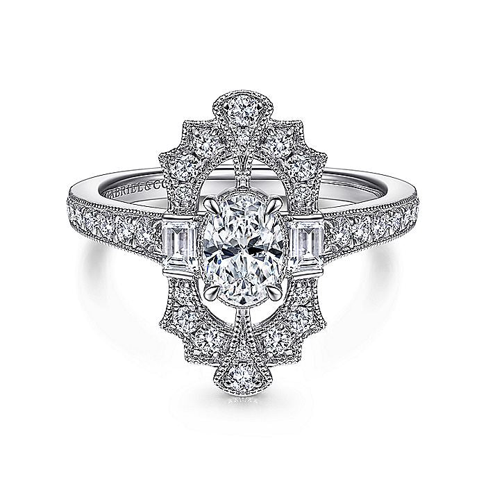 Gabriel & Co Art Deco White Gold Oval Halo Semi-Mount Engagement Ring - Diamond Semi-Mount Rings