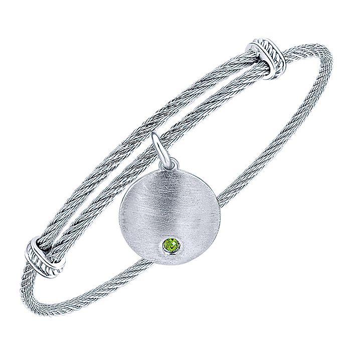 Gabriel & Co Adjustable Stainless Steel Bangle with Round Sterling Silver Peridot Stone Disc Charm - Silver Bracelets