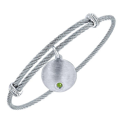 Gabriel & Co Adjustable Stainless Steel Bangle with Round Sterling Silver Peridot Stone Disc Charm - Silver Bracelets