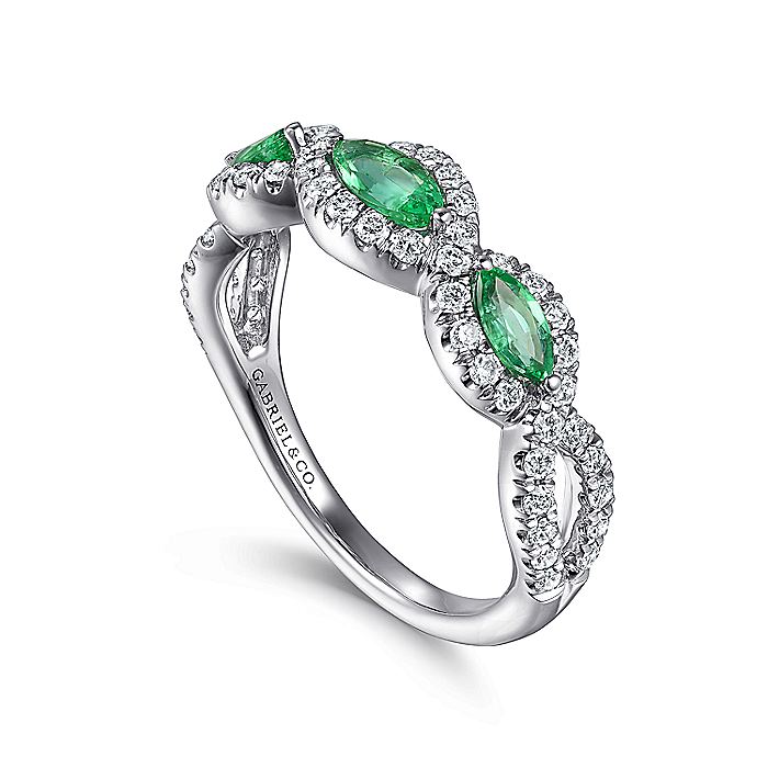 Gabriel & Co. 14 Karat White Gold Twisted Diamond and Marquise Shaped Emerald Ring - Colored Stone Rings - Women's