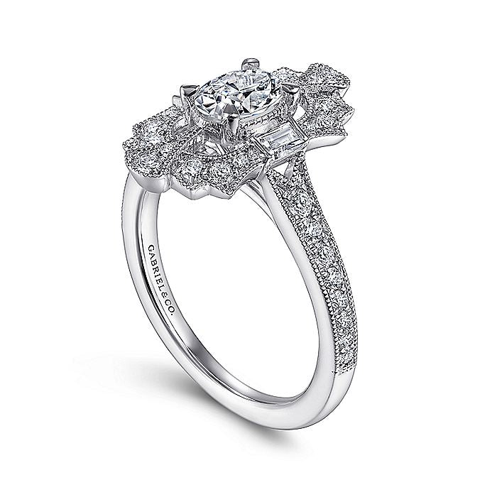 Gabriel & Co Art Deco White Gold Oval Halo Semi-Mount Engagement Ring - Diamond Semi-Mount Rings