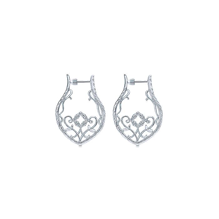 Gabriel & Co Sterling Silver 30mm Intricate White Sapphire Hoop Earrings - Silver Earrings