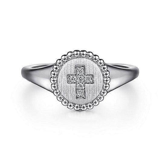 Gabriel & Co. Sterling Silver Signet Ring with Diamond Cross - Diamond Fashion Rings - Women's