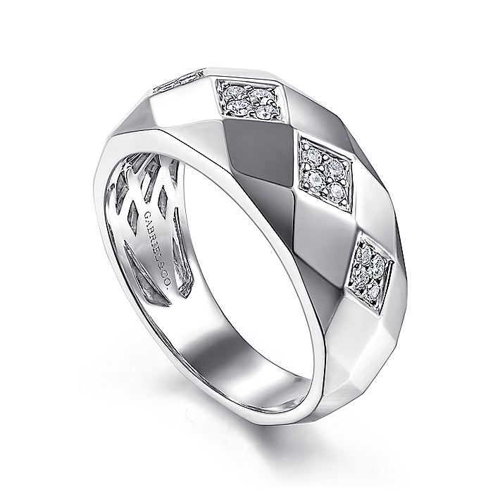 Gabriel & Co Silver Faceted Diamond Ring - Gents Silver Ring