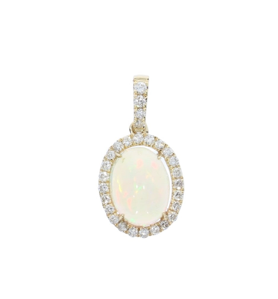 Ladies Yellow Gold Oval Halo Opal Pendant