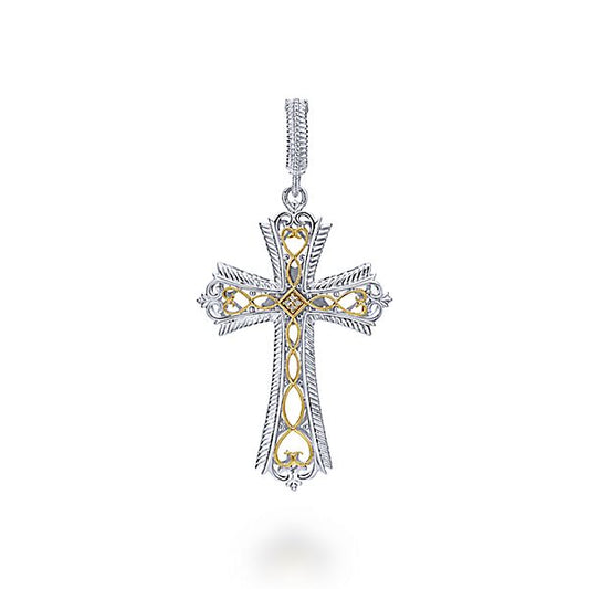 Gabriel & Co. Vintage Style 925 Silver/18 Karat Yellow Gold Fashion Cross Diamond Pendant - Gold Pendants / Charms