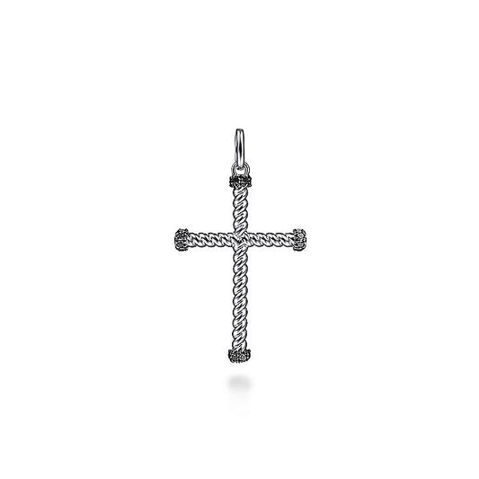 Gabriel & Co Sterling Silver Twisted Rope Cross Pendant with Black Spinel - Gents Pendant