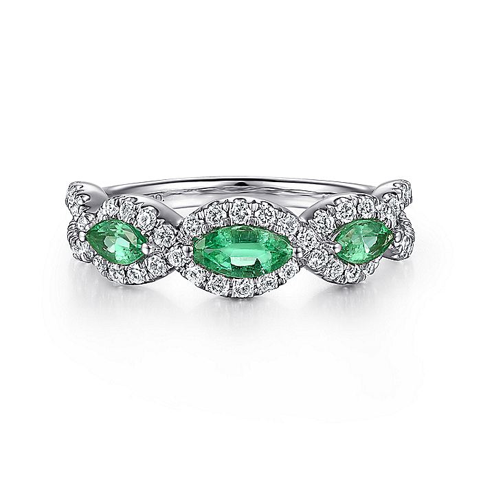 Gabriel & Co. 14 Karat White Gold Twisted Diamond and Marquise Shaped Emerald Ring - Colored Stone Rings - Women's