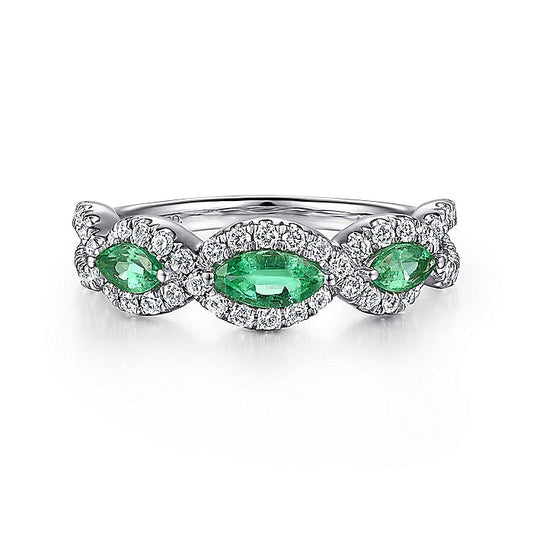 Gabriel & Co. 14 Karat White Gold Twisted Diamond and Marquise Shaped Emerald Ring - Colored Stone Rings - Women's