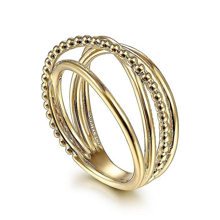 Gabriel & Co Yellow Gold Bujukan Bead Criss Cross Ring - Gold Fashion Rings - Women's