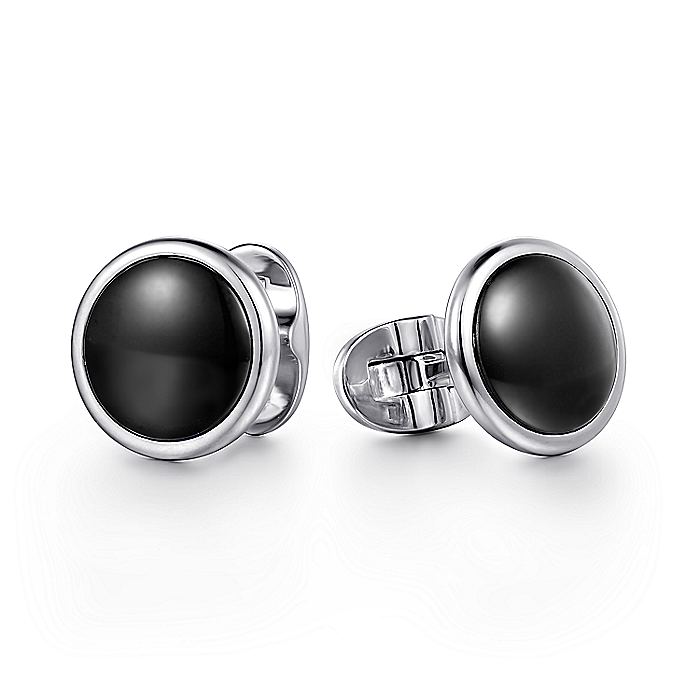 Gabriel & Co Silver Round Cufflinks with Black Onyx Stones - Gents Cufflinks