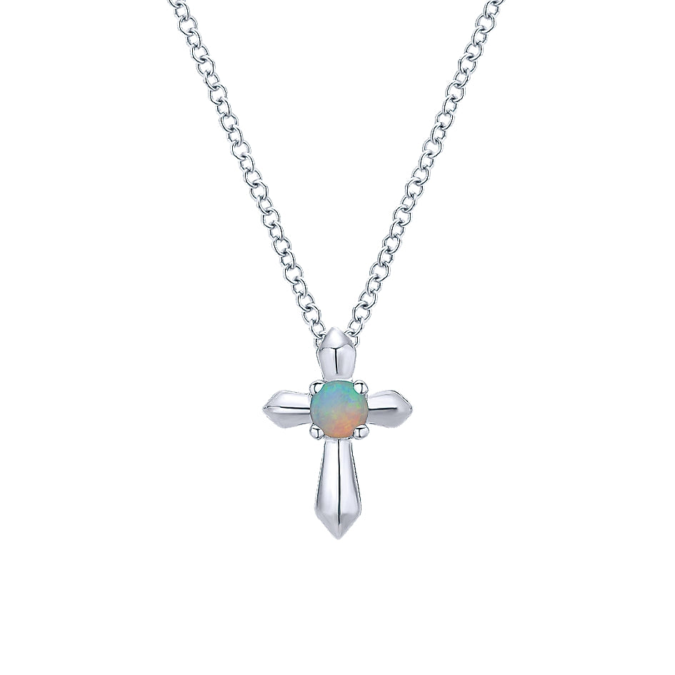 Gabriel & Co Sterling Silver Round Opal Cross Necklace - Silver Necklace