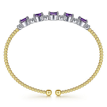 Gabriel & Co Yellow And White Gold Bujukan Bead Cuff Bracelet with Amethyst And Diamond Stations