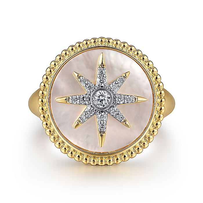 Gabriel & Co. Bujukan Mother of Pearl Inlay Diamond Starburst Signet Ring