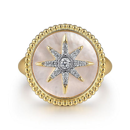 Gabriel & Co. Bujukan Mother of Pearl Inlay Diamond Starburst Signet Ring