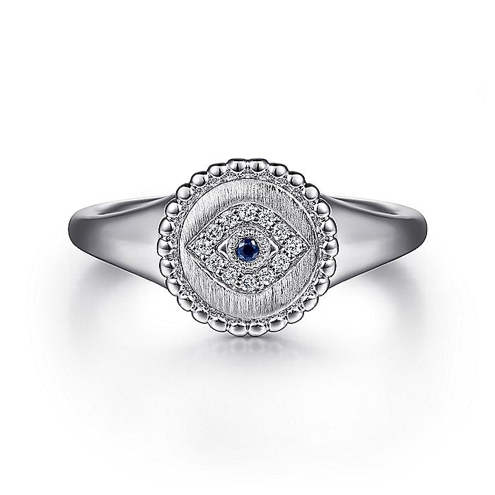 Gabriel & Co. Sterling Silver Signet Ring with Diamond and Sapphire Evil Eye - Diamond Fashion Rings - Women's