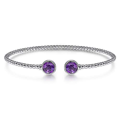 Gabriel & Co 14K White Gold Bujukan Bead Cuff Bracelet with Bezel Set Round Amethyst