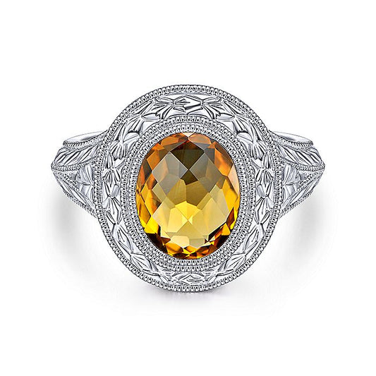 Gabriel & Co Vintage Inspired Sterling Silver Oval Citrine Ring - Ladies Silver Rings