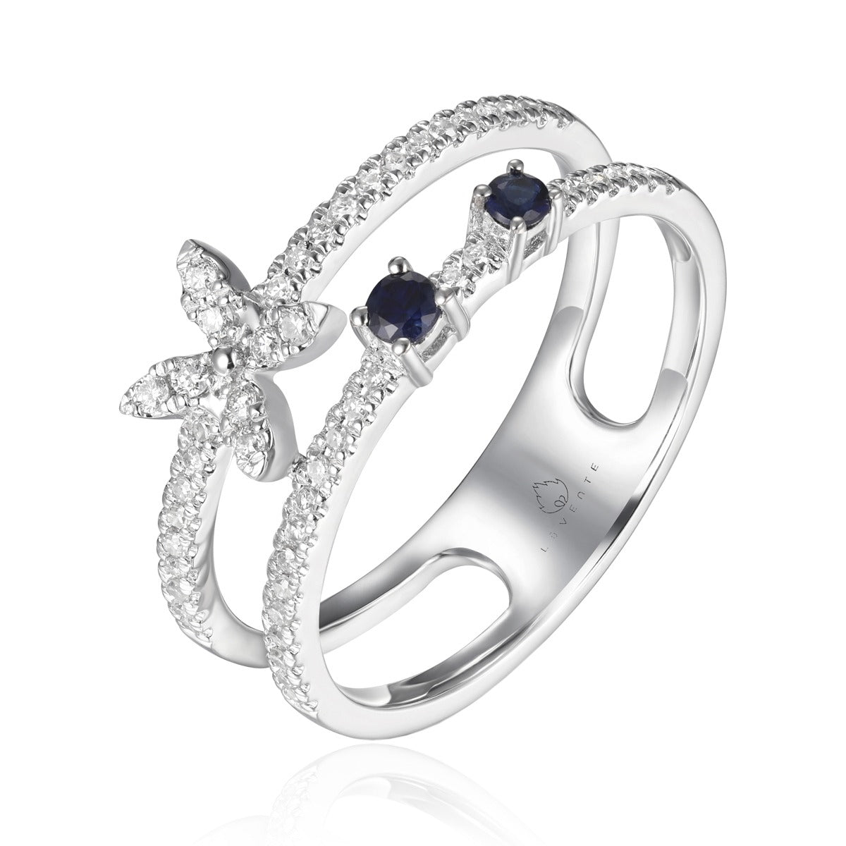 Luvente 14 Karat White Gold Two Row Diamond and Sapphire Ring - Colored Stone Rings - Women's