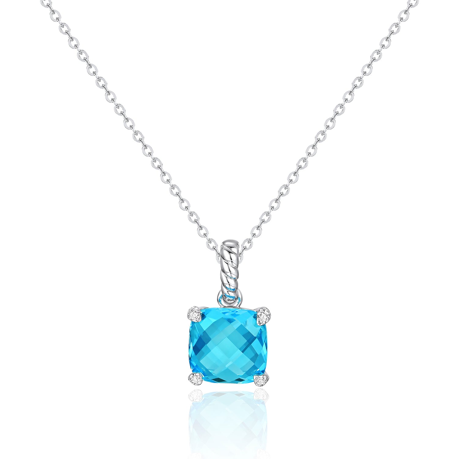 Luvente 14 Karat White Gold Cushion Cut Blue Topaz and Diamond Pendant - Colored Stone Pendants