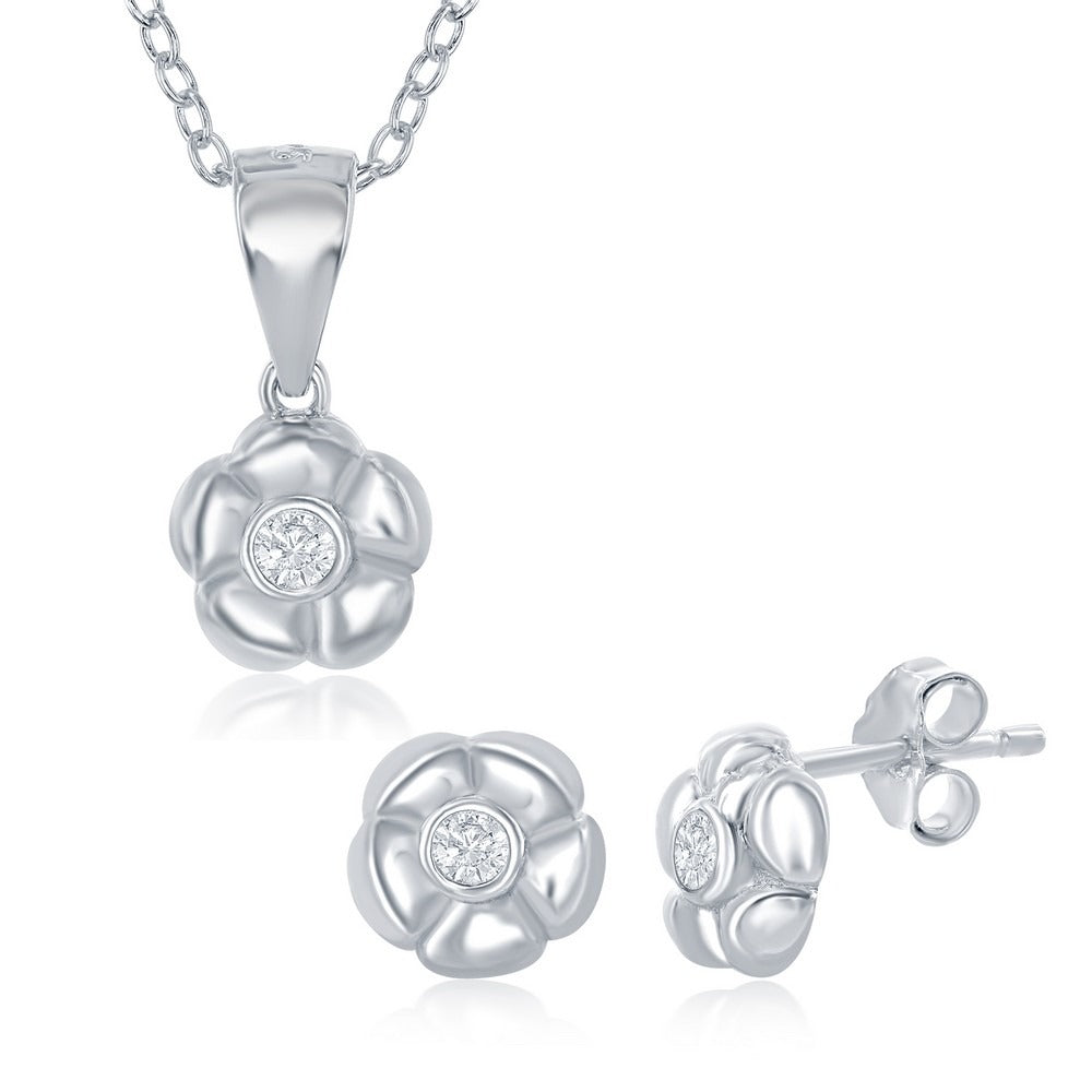 Sterling Silver Small Flower Necklace & Earrings Set - Silver Jewelry Misc.