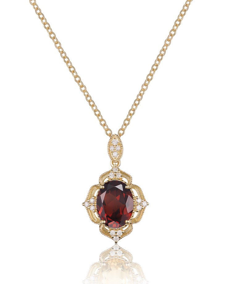 Luvente Yellow Gold Oval Garnet and Diamond Necklace - Colored Stone Pendants