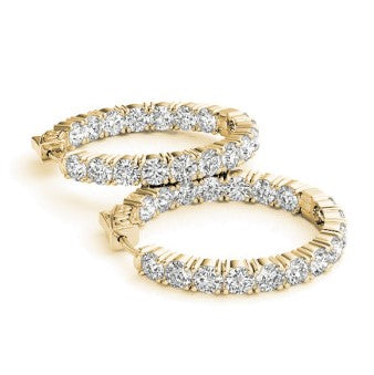 Ladies Yellow Gold Two Carat Hoop Earrings - Diamond Earrings