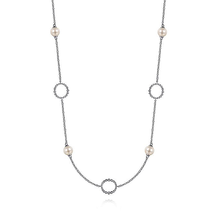 Gabriel & Co Sterling Silver Pearl and Open Circle Station Necklace - Pearl Necklace