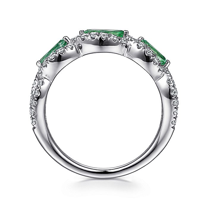 Gabriel & Co. 14 Karat White Gold Twisted Diamond and Marquise Shaped Emerald Ring - Colored Stone Rings - Women's