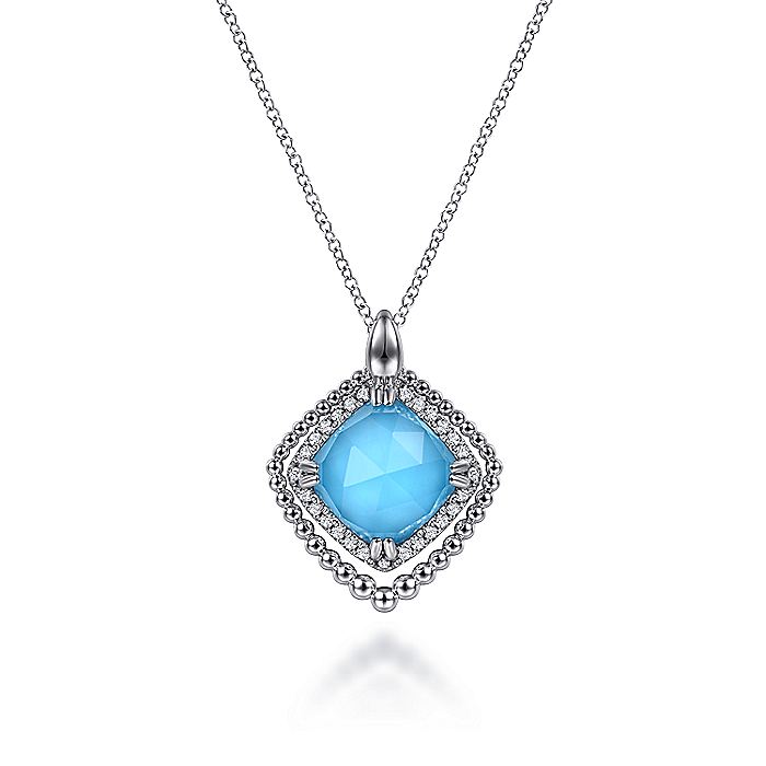 Gabriel & Co Sterling Silver White Sapphire and Rock crystal and Turquoise Pendant Necklace - Colored Stone Pendants