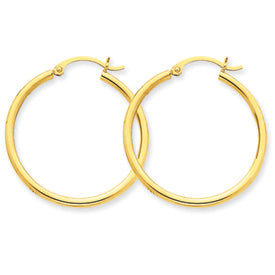 Pair Of Ladies 14 Karat Yellow Gold 2MM Lightweight Tube Hoop Earrings. 30MM Diameter