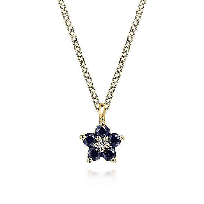 Gabriel & Co. Yellow Gold Diamond and Sapphire Flower Pendant - Colored Stone Pendants