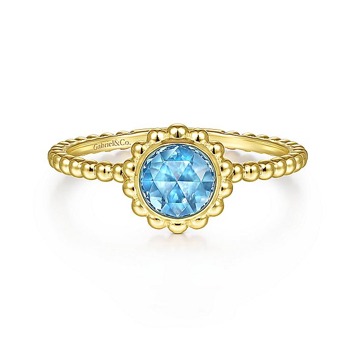 Gabriel & Co Yellow Gold Round Blue Topaz Bujukan Beaded Ring - Colored Stone Rings - Women's