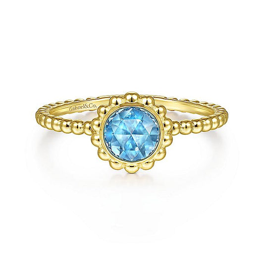 Gabriel & Co Yellow Gold Round Blue Topaz Bujukan Beaded Ring - Colored Stone Rings - Women's