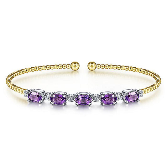 Gabriel & Co Yellow And White Gold Bujukan Bead Cuff Bracelet with Amethyst And Diamond Stations