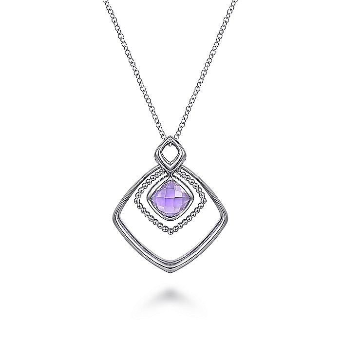 Gabriel & Co Sterling Silver Layered Squares Necklace with Pink Amethyst Drop - Colored Stone Pendants