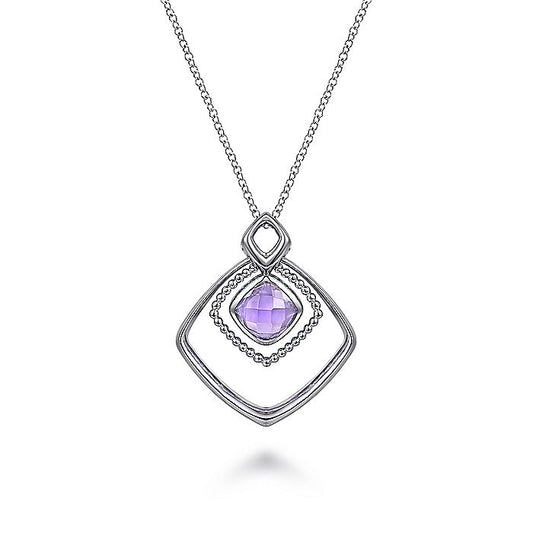 Gabriel & Co Sterling Silver Layered Squares Necklace with Pink Amethyst Drop - Colored Stone Pendants