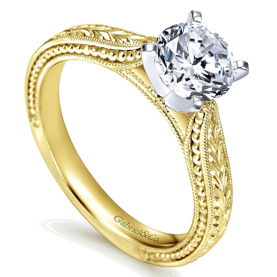 Gabriel & Co Yellow And White Gold Engraved Semi-Mount Engagement Ring - Diamond Semi-Mount Rings