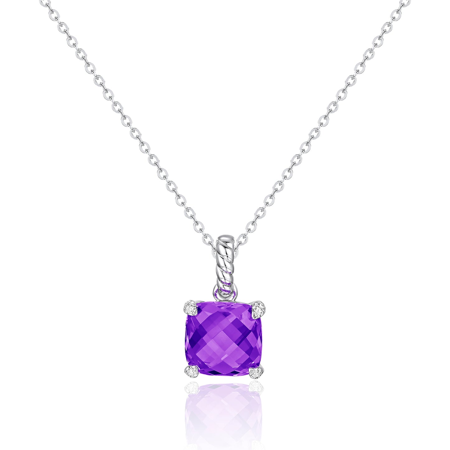 Luvente 14 Karat White Gold Cushion Cut Amethyst and Diamond Pendant - Colored Stone Pendants