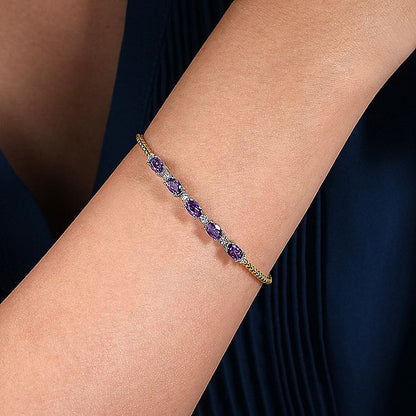 Gabriel & Co Yellow And White Gold Bujukan Bead Cuff Bracelet with Amethyst And Diamond Stations