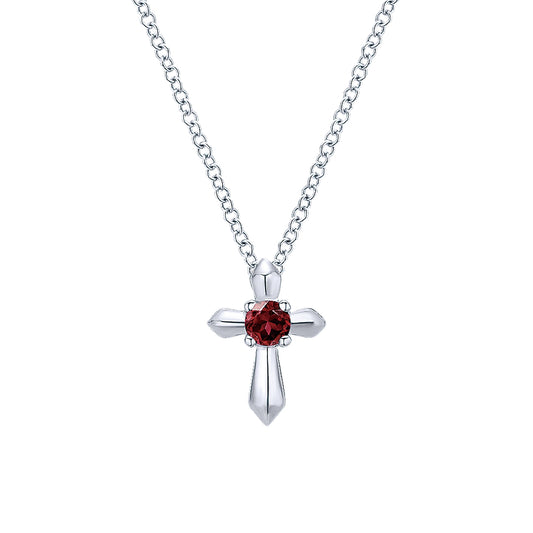 Gabriel & Co Sterling Silver Round Garnet Cross Necklace - Silver Necklace