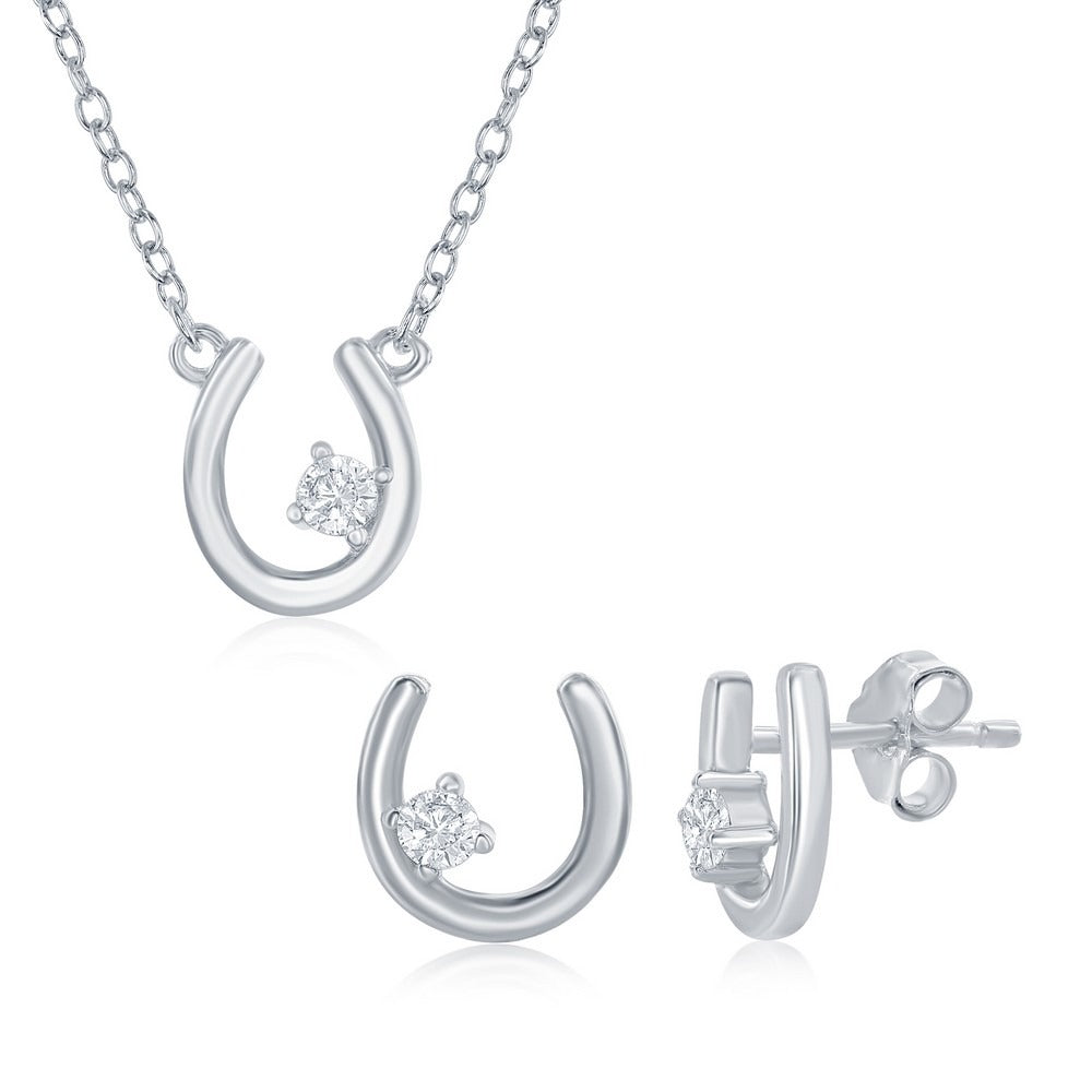 Sterling Silver Small Horseshoe Necklace & Earrings Set - Silver Jewelry Misc.