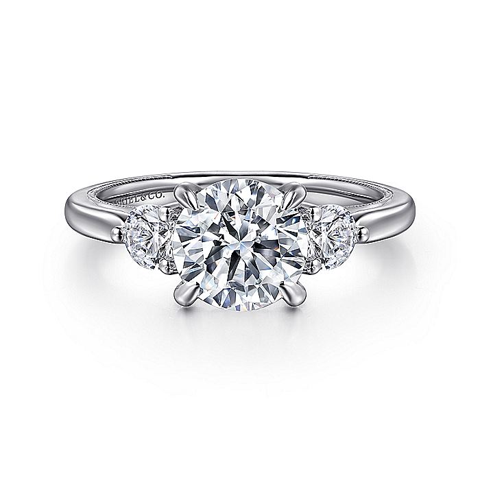 Gabriel & Co. White Gold Round Three Stone Semi-Mount Engagement Ring - Diamond Semi-Mount Rings