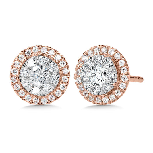 Rose and White Gold Diamond Halo Earrings