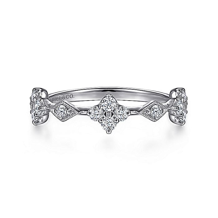 Gabriel & Co. 14 Karat White Gold Diamond Cluster Station Ring - Diamond Fashion Rings - Women's