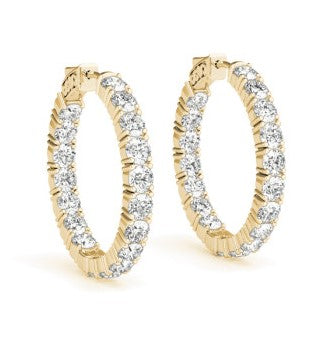 Ladies Yellow Gold Two Carat Hoop Earrings - Diamond Earrings